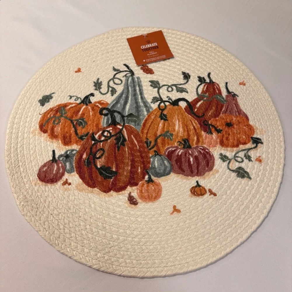NEW Set 4‎ Pumpkin Harvest Printed Braid Round Placemats